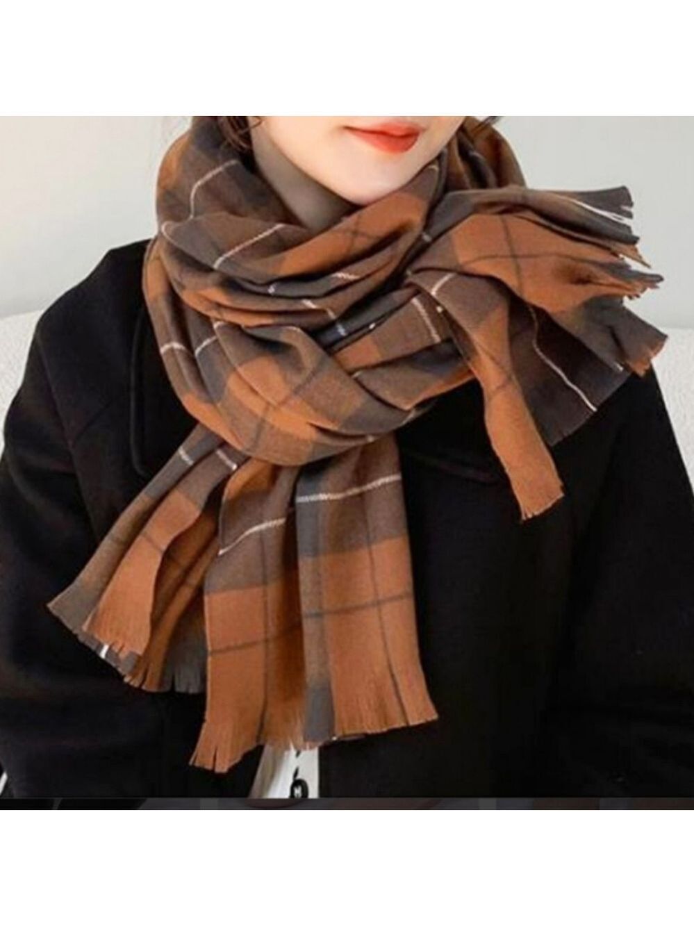 TRÏBE Plaid Patterned Blanket Scarf Wrap Camel & Brown NWT